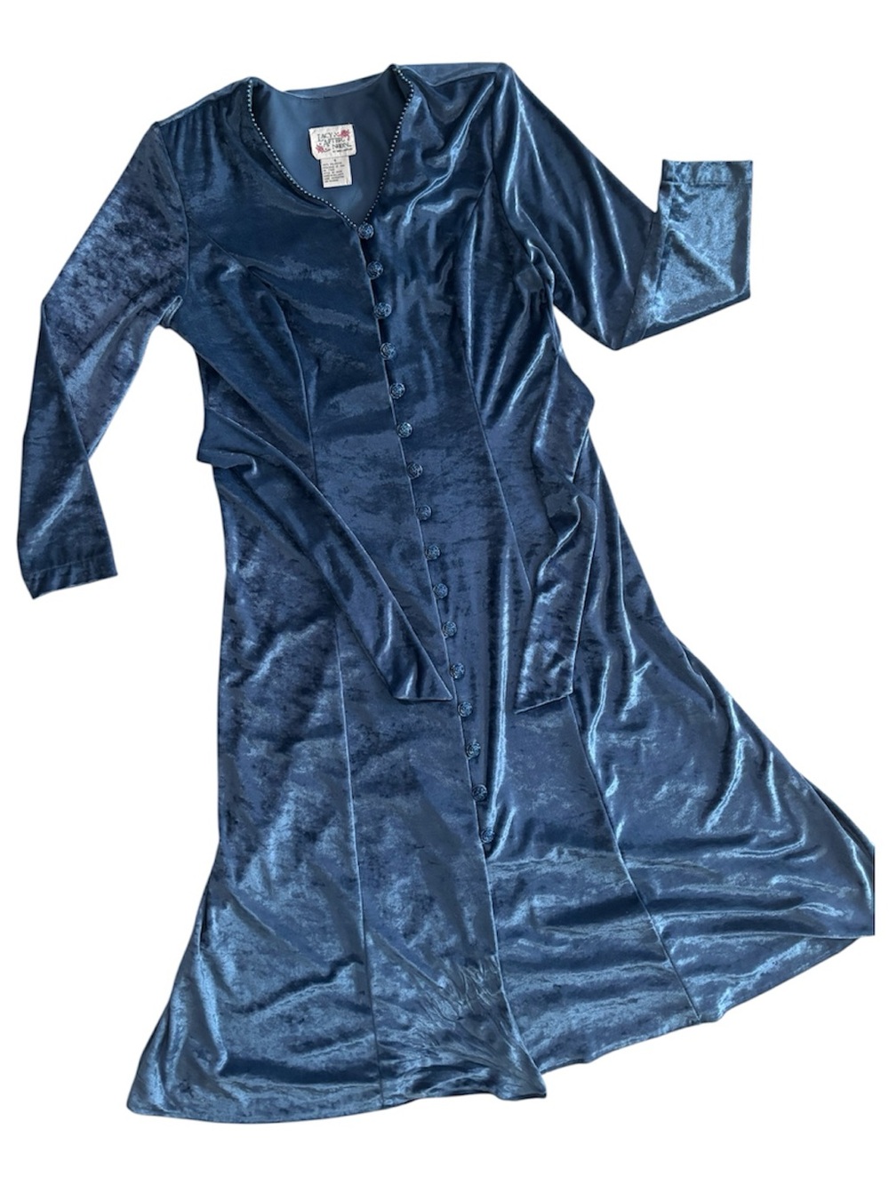 Vintage 80s/90s Lacy Afternoon by Shell Kepler Blue Velvet Button Front Dress 8